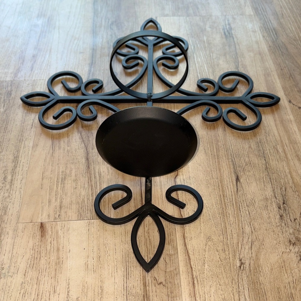 Black Wrought Iron Fleur De Lis Cross Wall Sconce Pillar Candle Holder 19in - Picture 6 of 16